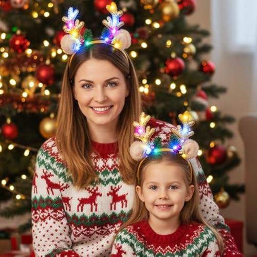 CAKURE Light Up Reindeer Antlers Headband LED Glow Christmas Headbands Deer Ears Hair Bands Holiday Xmas Headwear for Women