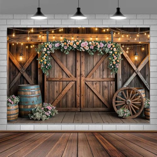 10x8ft Country Wedding Photography Backdrop Rustic Barn Door Photography Backdrop Farmhouse Pink Flower Cabin Wooden Birth...