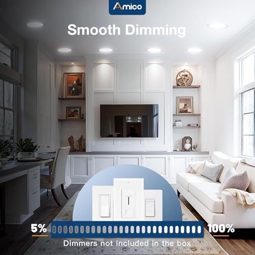 Amico 6 Pack 7 Inch 5CCT Ultra-Thin LED Canless Recessed Ceiling Light with Junction Box, 2700K/3000K/3500K/4000K/5000K Se...