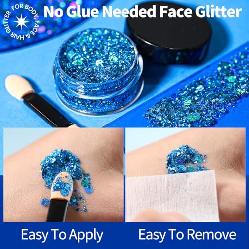 Teenitor Face Glitter, 2pcs Blue Body Glitter Gel, 20g/0.7oz Makeup Glitter for Face, Body, Eye, Hair Glitter Gel, Blue Gl...