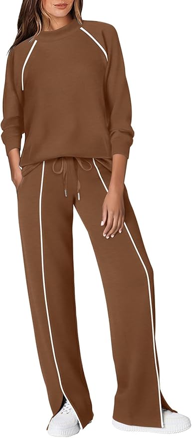 WIHOLL Lounge Sets for Women 2 Piece Fall Outfits 2025 Wide Leg Pant Matching Sets Womens Clothing
