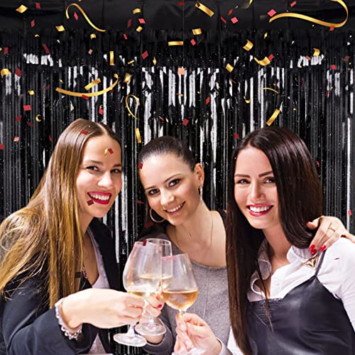 2 Pack 3.2ft x 8.2ft Black Tinsel Foil Fringe Curtain, Sparkle Metallic Foil Backdrop for Party Photo Booth Props New Year...
