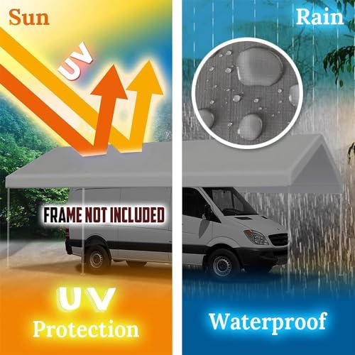 Rutile 10 x 20 FT Carport Replacement Cover, Heavy Duty Car Tarp Canopy Tent Replacement Top w/Ball Bungees Gray (Only Top...