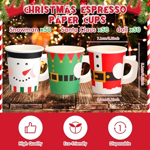 Maxcheck 150 Pcs Christmas Paper Cups 7oz Disposable Christmas with Handles Santa Snowman Elf Tea Coffee Cups Hot Chocolat...
