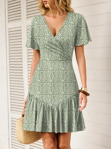 ANRABESS Womens Summer Mini Dresses 2026 Casual Floral Beach Vacation Sundress Wrap V Neck A-Line Boho Spring Short Dress