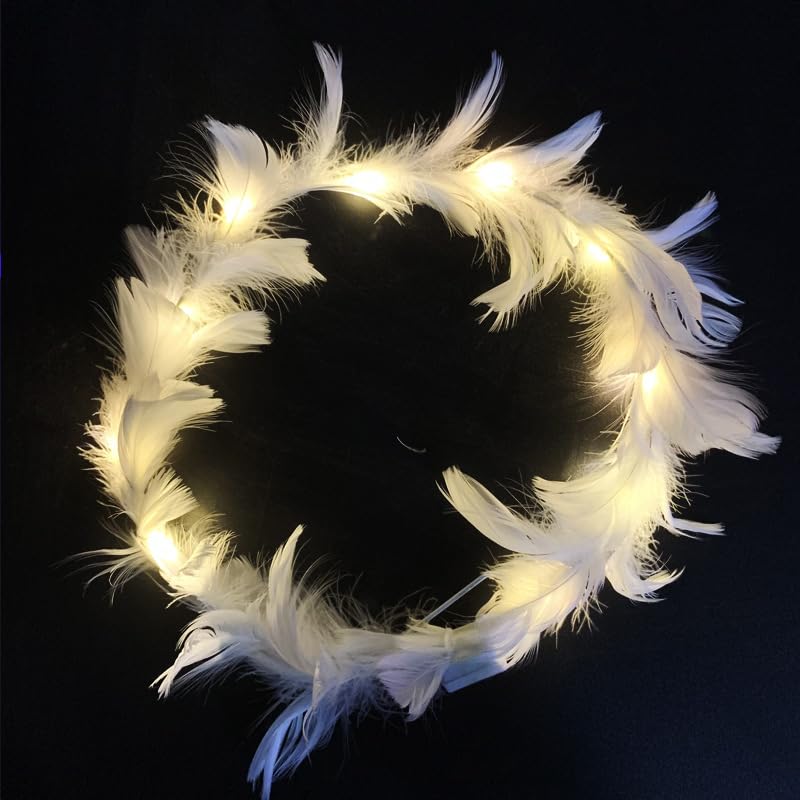 winvin LED Feather Wreath Crown Headband Light-Up Angel Halo Headband For Girl Women Festival Holiday Wedding Party Cosplay
