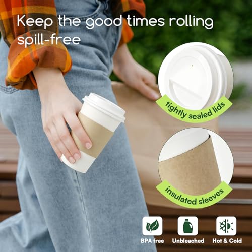 Paper Coffee Cups with Lids & Sleeves 16 oz Hot Cups, 20 Pack To Go Cups with Lids & Sleeves, BPA Free Unbleached Thickene...