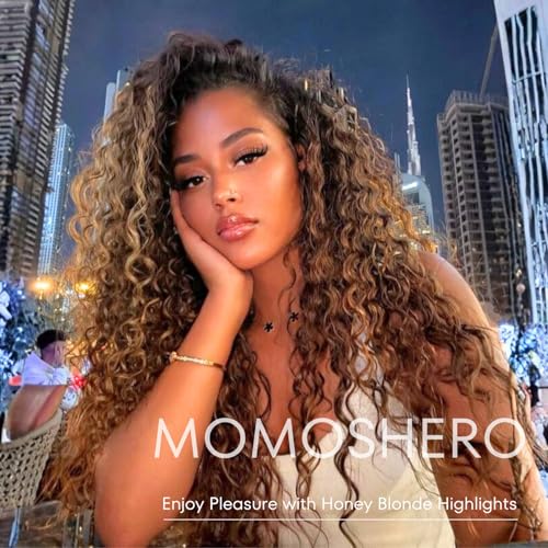 Highlight Water Wave Ombre Honey Blonde Curly Bundles, 4/27 Brown Highlighted Wet and Wavy Bundle Weave, Soft 12A 100% Virgin Hair 3 Bundles 10 12 14 Inch