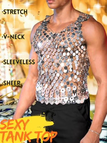 ChiaoLezhee Men's Big Sequin & Rhinestone Mesh Shirt for Rave, Sparkly Reflective Metallic Sexy Tank Top (Fits Chest 30-46")