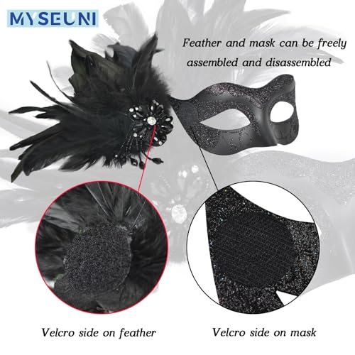 MYSEUNI 2025 New Black Masquerade Masks for Women with Feathers - Womens Mascarade Venetian Mask for Masquerade Party, Mar...