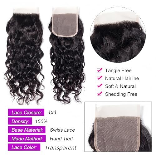Brazilian Water Wave 5Bundles(50g/bundle) with 4x4 Lace Closure Wet and Wavy Bundles with Closure Deep Curly Bundles Human Hair Bundles with Closure (16/16/16/16/16+16)
