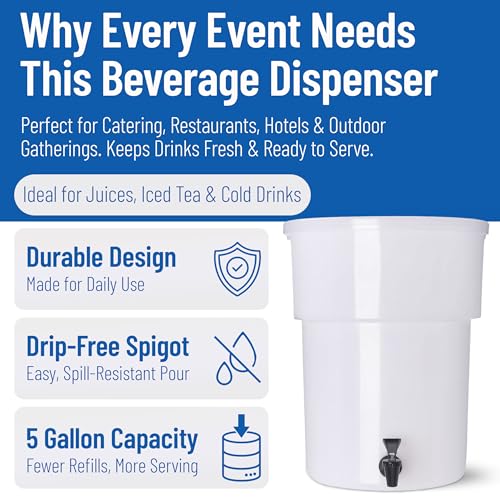Carlisle FoodService Products Round Beverage Dispenser Drink Dispenser with Spigot for Catering, Plastic, 5 Gallons, White
