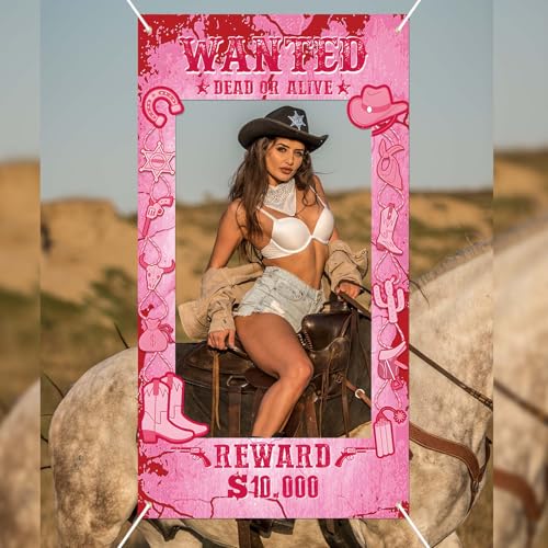 Cowgirl Party Decorations Pink Western Photo Booth Wanted Poster Photo Prop Photos Frame Banner for Wild West Birthday Dec...