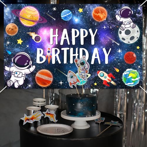 Mocsicka Space Happy Birthday Decorations Backdrop Astronaut Rocket Banner Solar System Planets Space Boys Birthday Party ...
