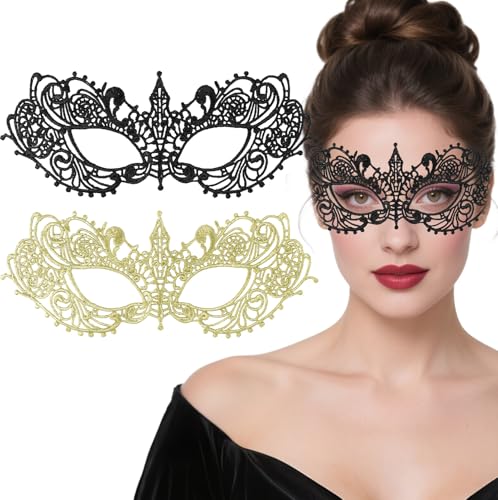 UV-BANS Masquerade Mask for Women - 2 Pcs Lace Black & Gold Masquerade Mask for Women Halloween Costume, Carnival, Mardi G...