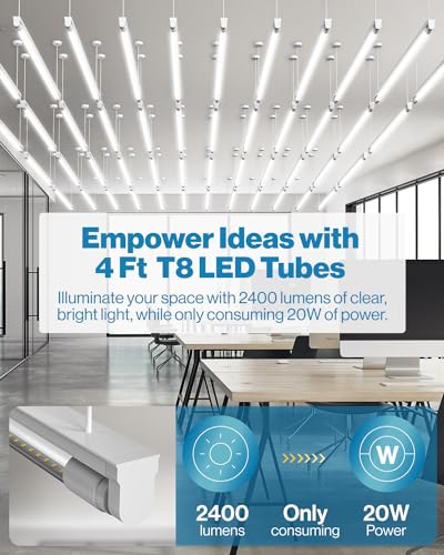 Sunco 50 Pack T8 LED Bulbs 4 Foot, 48 Inch Tube Light Bulbs Fluorescent Replacement, Single or Double Ended Hybrid Type A+...