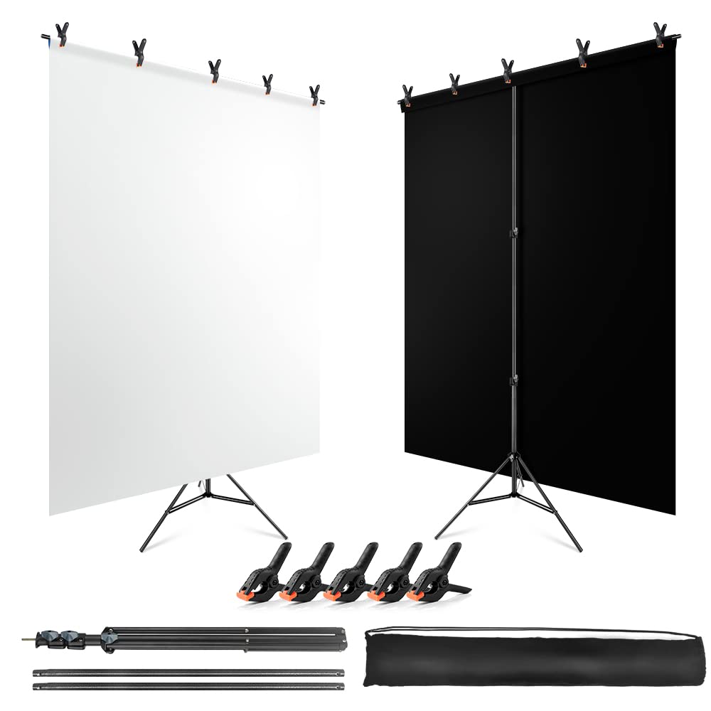 Black White Backdrop Screen with Stand Kit for Photo Video Studio Filming 5X6.5ft, Black Backdrop White Photo Curtain Background with T Shape Stand and 5 Spring Clamp for Photography Party Decorations