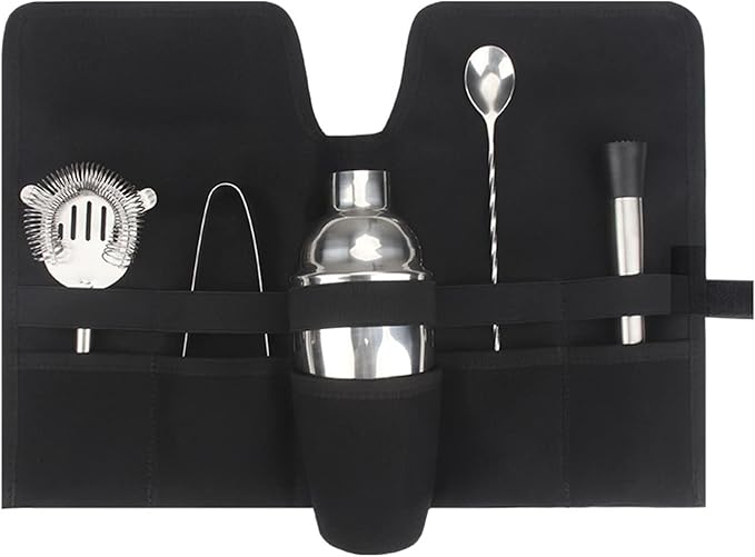 Jaugufiy Canvas Bartender Travel Kit - Professional Bartender Roll Strap Mixology Cocktail Set Bar Tools Carry Bag (Black)