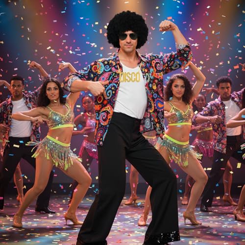 Mepase 6 Pcs Men 70s Disco Costumes Include Retro Shirt Bell Bottom Pants Wig Sunglasses Necklace Wig Cap for Disco Party