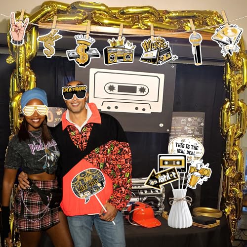Cheereveal Golden and Black Hip Hop Photo Booth Props - 24 Pieces Retro Rock and Roll 90s Disco Music Themed Birthday Bach...