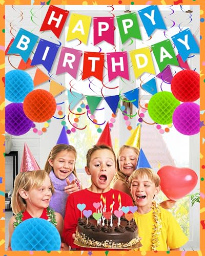 Oomloid Happy Birthday Party Decorations - Colorful Happy Birthday Banner Swirl Streamers Honeycomb Balls Circle Dots Garl...