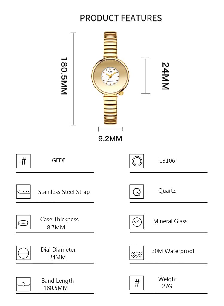 Gosasa Dainty Women's Quartz Watch Easy Reader Vintage Bracelet Watch with Stainless Steel Expansion Band Stylish Gold & Silver Ladies Wristwatch - Comfortable Fit The Wrists of 5.9in - 6.3in