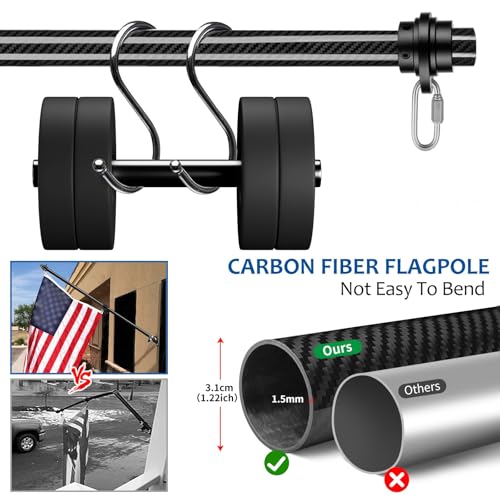 2 Set Real Carbon Fiber Truck Flag Pole, 6 Ft x 1.25 Inch Heavy Duty Flag Pole for Truck, for Pickup Trucks, RVs, SUVs,Black