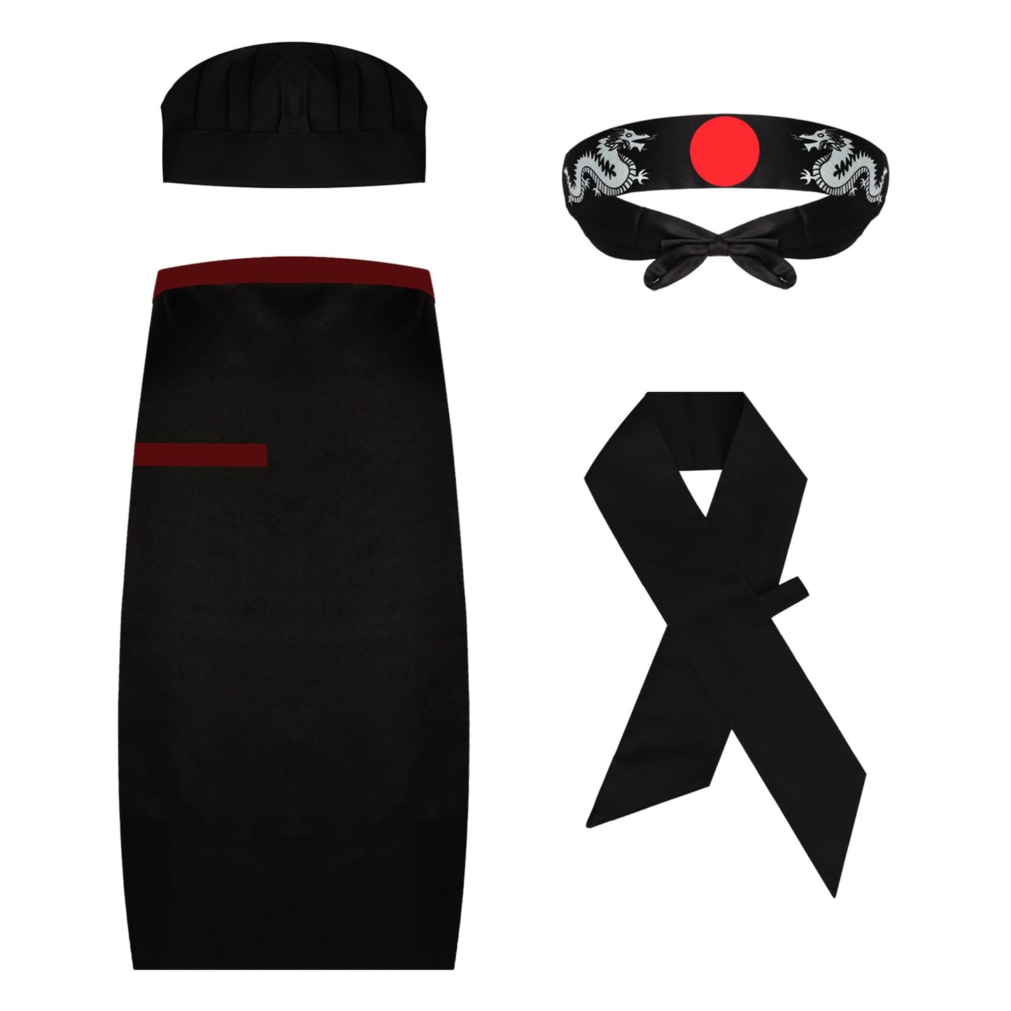 Ngdhkd 4PCS Hibachi Costume Cooking Accessories Halloween Hat Apron Baker Kitchen Tie Headband Cosplay Party Men Women (Black)