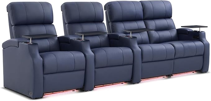 Weilianda Home Theater Seating, Top Grain Leather Sectional Seats Recliner Chair, Zero Gravity Reclining Sofa with Power Headrest 7 Colors Ambient Lighting USB C Charge Row of 4 Loveseat Right Blue