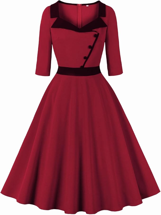 Wellwits Women's Collared Button 3/4 Sleeves 1940s Vintage Work Dress