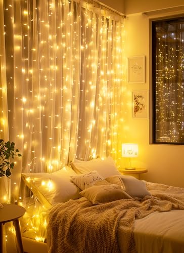 Brightown 300 LED Fairy Curtain Lights, 9.8ft x 9.8ft Warm White Curtain String Lights, USB Plug in 8 Lighting Modes Chris...