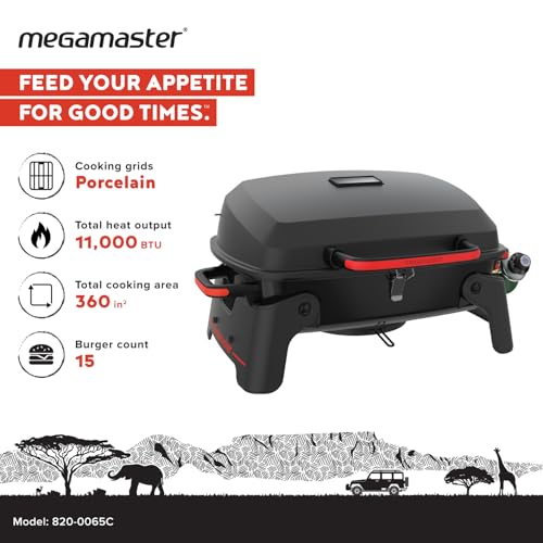 Megamaster 1-Burner Portable Gas Grill with Locking Lid, 11,000 BTU Stainless Steel Burner, Foldable Legs, Small Propane G...