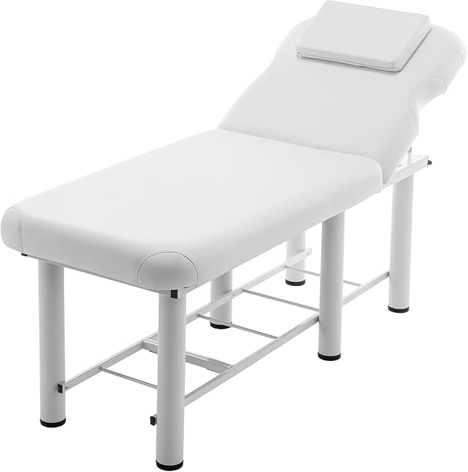 Professioanl Massage Table w/Adjustable Backrest for Treatment Table Spa Facial Bed Barber Beauty Equipment, Metal Frame PU Leather, Removable Headrest Salon Bed, White