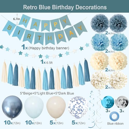 Dusty Blue Party Decorations with Blue Sand Gold Balloons, Happy Birthday Banner, Paper Pompoms, Star Banner for Boys Kids...