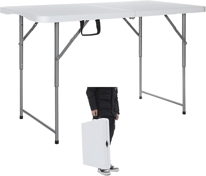 Lakhow Folding Table 4-Foot Heavy Duty Plastic Utility Table Portable Thick Table Top Indoor Outdoor Adjustable Height wit...