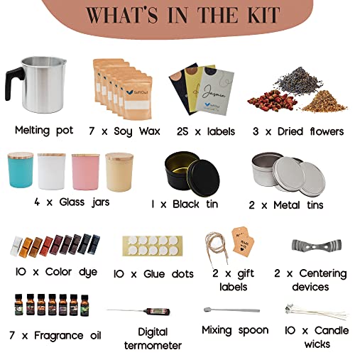 SoftOwl Premium Soy Candle Making Kit - Full Set - Soy Wax, Big 7oz Jars & Tins, 7 Pleasant Scents, Color Dyes & More - Pe...