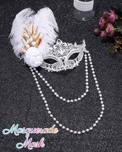 Campsis White Masquerade Mask, Feather Masquerade Ball Mask, Venetian Party Masks for Women