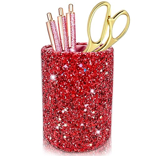 BIKCZEWIN Red Glitter Pen Holder for Desk, Cute Bling Office Accessories for Women Girls, Luxury Makeup Brush Holder Organ...