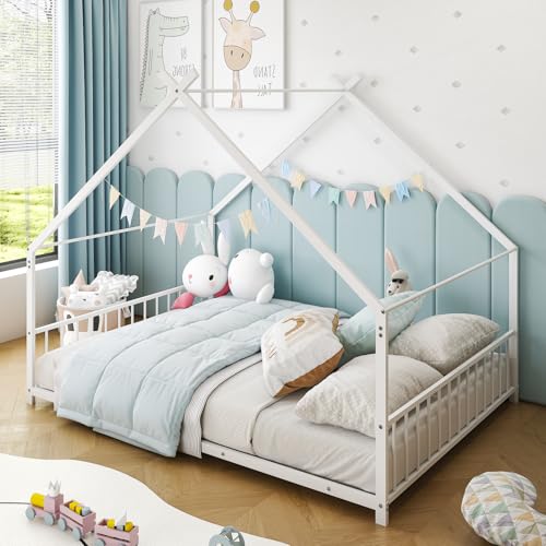 Twin Floor House Bed with Storage Shelf, Wood Twin Bed Frames with Headboard & Guardrail, Montessori Floor Bed with Wooden Slat Support for Boys Girls, White
