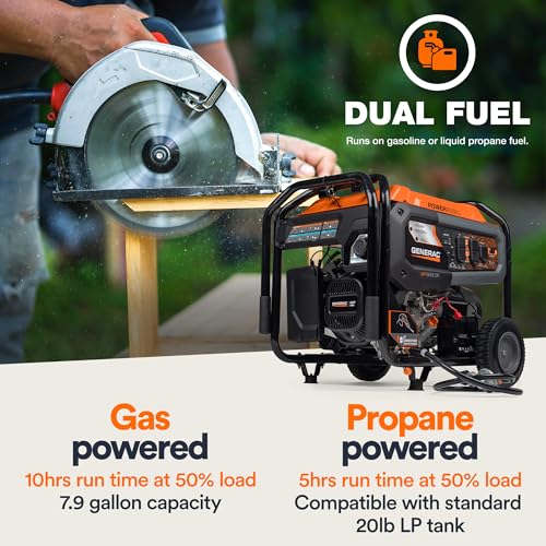 Generac 8011 GP7500E 7,500-Watt Dual-Fuel Compatible Portable Generator - Gas and Propane - COsense Technology with Electr...