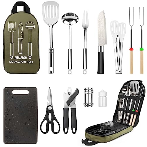 Camping Cooking Utensils Set, Stainless Steel Grill Tools, Camping BBQ Cookware Gear and Equipment for Travel Tenting RV V...