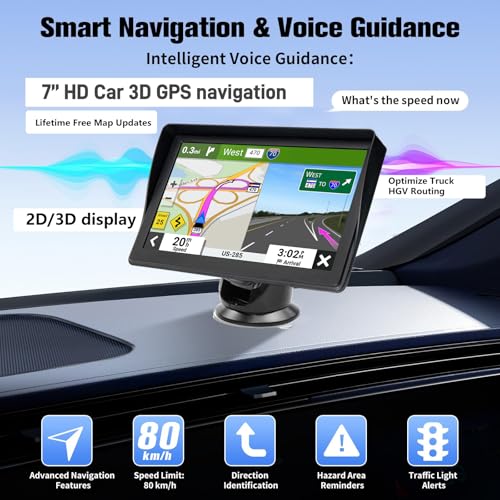 GPS Navigator for Car Truck RV - 7'' HD Touchscreen Navigation System, Latest 2025 Maps Free Lifetime Updates, Speed & Red...