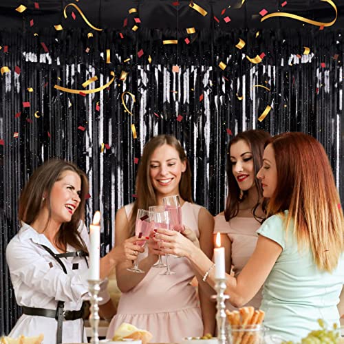 2 Pack 3.2ft x 8.2ft Black Tinsel Foil Fringe Curtain, Sparkle Metallic Foil Backdrop for Party Photo Booth Props New Year...