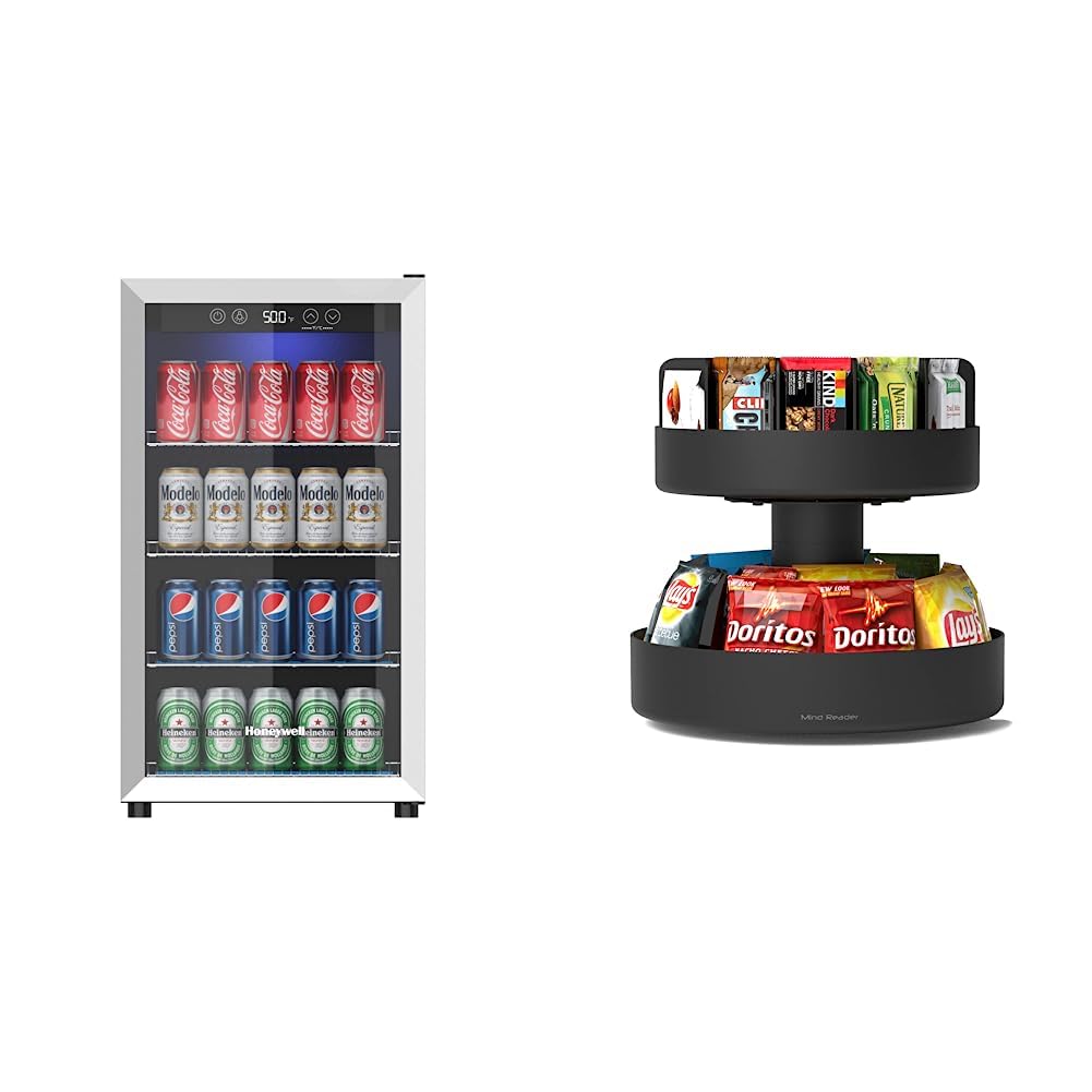 Honeywell Beverage Refrigerator and Cooler, 115 Can Mini Fridge with Glass Door for Soda Beer or Wine for Office & Mind Reader SNACKCAR Supreme Snack organizer, 14 x 14.5 Round, Black
