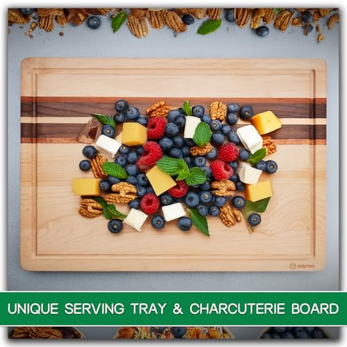Cokka Praca Large (16.9"L x 11.8"W x 1"Th) Hard Maple Wood Cutting Board for Kitchen-Wood Cutting Board with Holder for Me...