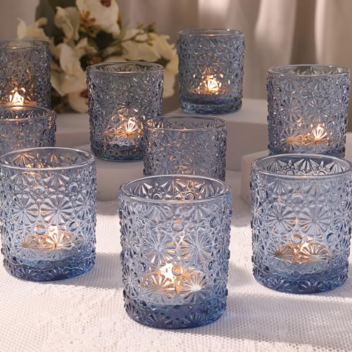 Blue Votive Candle Holder Set of 12, Flower Tea Lights Candles Holders for Wedding Table Centerpieces, Birthday Parties, H...