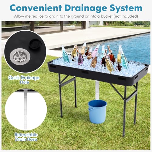 4 Foot Ice Cooler Table, Folding Buffet Cold Food Keeper w/Removable Matching Skirt & Drain Plug, Portable Patio Outdoor C...