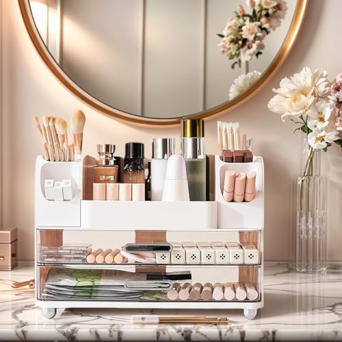 Makeup Organizer with 2 Drawers, Cosmetic Display Case, Storage Holder for Vanity, Bathroom Counter, Desk, Beauty Supplies (Cream)