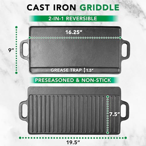 ProSource 2-in-1 Reversible 19.5” x 9” Cast Iron Griddle with Handles, Preseasoned & Non-Stick for Gas Stovetop, Oven and ...