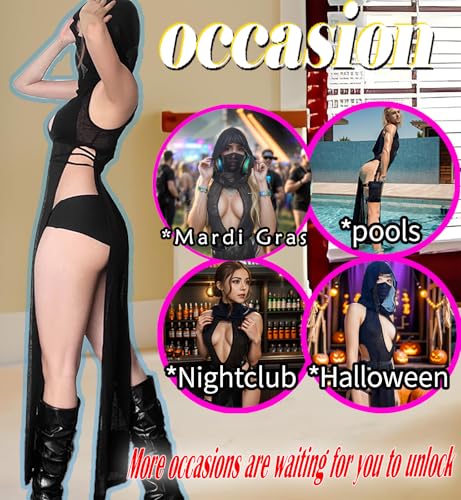 Aucute Women Goth Sheer Dress, Mock Neck Sleeveless Rave High Slit Dress with Hooded, EDM Music Festival Outfits